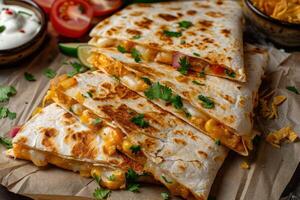 Closeup of Golden-Brown Quesadillas with Cheese and Corn Filling photo