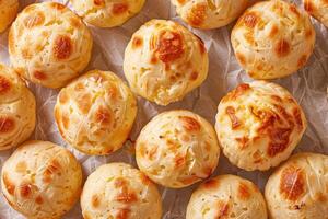 Close-up of Golden-Brown Cheesy Bread Balls on Parchment Paper photo