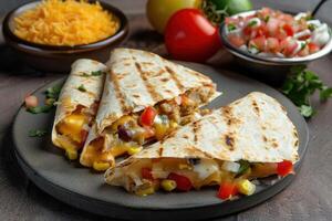 Three Deliciously Stuffed Quesadillas with Melted Cheese and Toppings photo