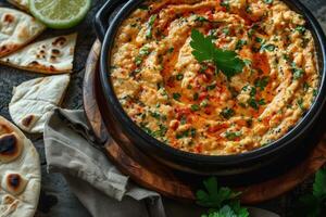 Creamy Hummus with Parsley and Chili Flakes Served with Pita Bread photo