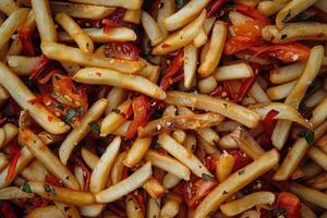Close-up of Crispy Fried Potatoes with Red Peppers, Tomatoes, and Herbs photo
