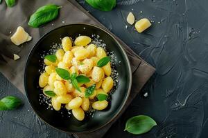 Gnocchi with Parmesan Cheese and Basil on a Black Plate photo