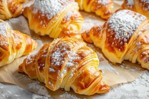 Close-up of Freshly Baked Croissants with Powdered Sugar photo