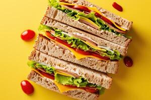 Stack of Four Sandwiches with Ham, Cheese, Tomato, and Lettuce on Yellow Background photo