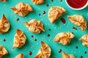 Fried Dumplings with Sesame Seeds and Sauce on Teal Background photo