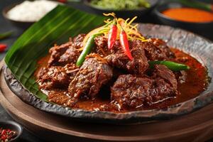 Spicy Beef Stew with Green and Red Chilis in a Clay Pot photo