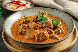 Beef Curry with Cilantro in a Bowl on a Wooden Coaster photo