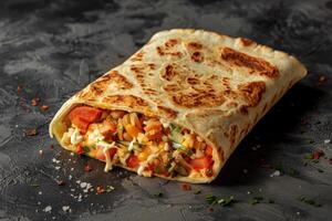 A Partially Open Tortilla Filled with Rice, Beans, Tomatoes, and Veggies photo
