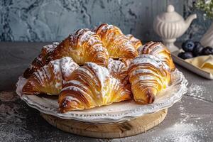 A stack of powdered sugar croissants on a white plate photo