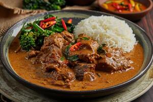 Beef Curry with Rice and Green Vegetables photo