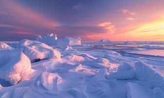 Snow-covered Arctic tundra at the North Pole, dotted with icy formations and bathed in soft polar twilight photo