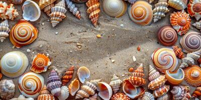 Top view of spiral shells scattered on a sandy beach photo