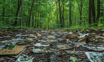 Scattered paper and cardboard littering a forest floor photo