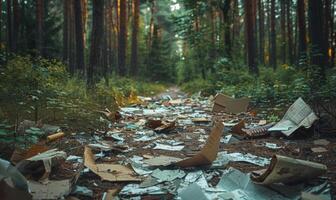 Scattered paper and cardboard littering a forest floor photo