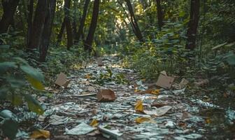 Scattered paper and cardboard littering a forest floor photo
