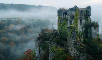 Ancient castle ruins covered in ivy, high on a hill with a misty forest in the background photo