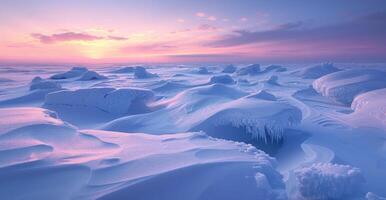 Snow-covered Arctic tundra at the North Pole, dotted with icy formations and bathed in soft polar twilight photo