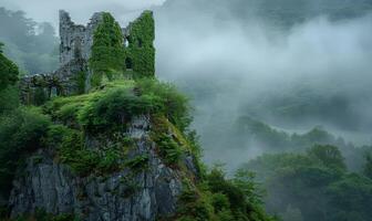 Ancient castle ruins covered in ivy, high on a hill with a misty forest in the background photo