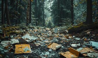 Scattered paper and cardboard littering a forest floor photo