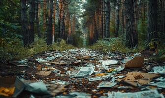 Scattered paper and cardboard littering a forest floor photo