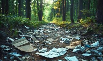 Scattered paper and cardboard littering a forest floor photo