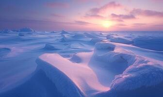 Snow-covered Arctic tundra at the North Pole, dotted with icy formations and bathed in soft polar twilight photo