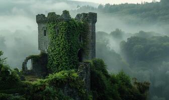 Ancient castle ruins covered in ivy, high on a hill with a misty forest in the background photo