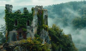 Ancient castle ruins covered in ivy, high on a hill with a misty forest in the background photo
