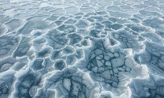 The frozen surface of the Arctic Ocean at the North Pole, with intricate patterns of ice and snow photo