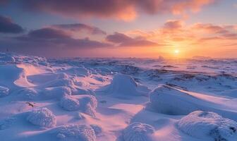 Snow-covered Arctic tundra at the North Pole, dotted with icy formations and bathed in soft polar twilight photo