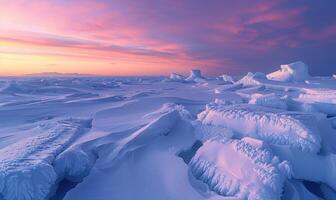 Snow-covered Arctic tundra at the North Pole, dotted with icy formations and bathed in soft polar twilight photo