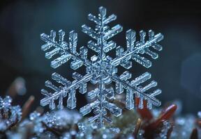 Extreme close-up macro photography of the intricate pattern of a snowflake photo