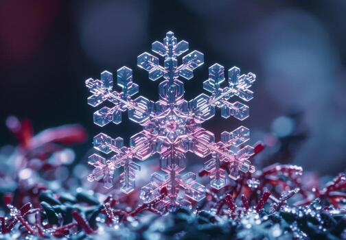 Extreme close-up macro photography of the intricate pattern of a snowflake photo