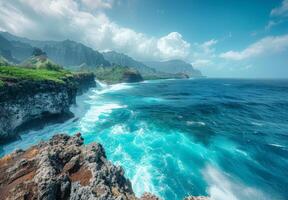 A picturesque coastline with turquoise waves crashing against rugged cliffs photo