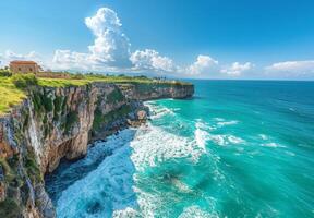 A picturesque coastline with turquoise waves crashing against rugged cliffs photo