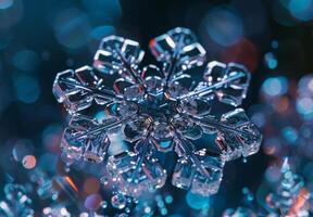 Extreme close-up macro photography of the intricate pattern of a snowflake photo