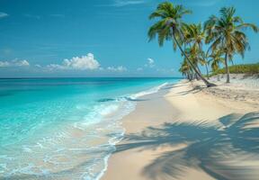 A tranquil beach with soft white sand and clear blue waters, palm trees swaying in the gentle breeze photo