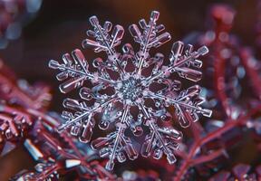 Extreme close-up macro photography of the intricate pattern of a snowflake photo