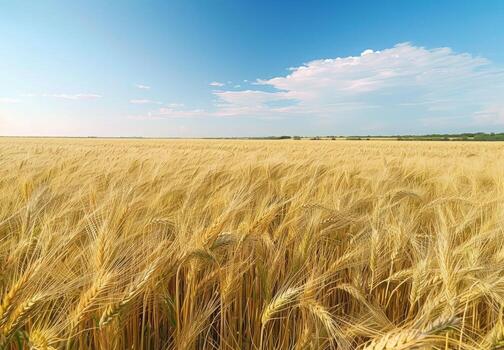 A vast field of golden wheat swaying gently in the breeze under a bright blue sky photo