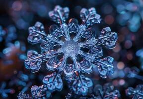 Extreme close-up macro photography of the intricate pattern of a snowflake photo