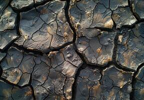 Extreme close-up macro photography of the detailed pattern of cracked dry mud photo