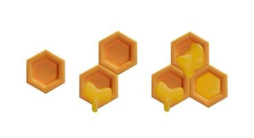3d render set of bee hexagon honeycomb. Mosaic liquid drops. Textured hexagon shape with beeswax and honey. Sweet organic product. illustration cartoon honeycomb. Eco geometric sticky syrup. vector