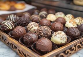 A luxurious display of chocolate truffles in assorted flavors and coatings, elegantly placed in a decorative box with a bakery backdrop photo