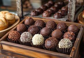 A luxurious display of chocolate truffles in assorted flavors and coatings, elegantly placed in a decorative box with a bakery backdrop photo