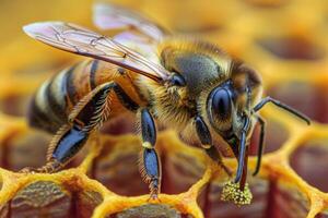 A macro shot of a honeybee collecting pollen, focusing on the textures of its wings and body photo