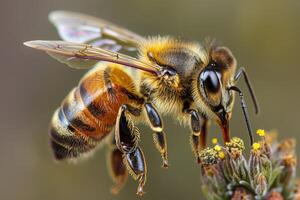 A macro shot of a honeybee collecting pollen, focusing on the textures of its wings and body photo