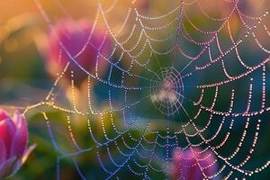 A macro photograph of a spider's web with morning dew, each droplet glistening in the light photo