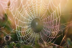 A macro photograph of a spider's web with morning dew, each droplet glistening in the light photo