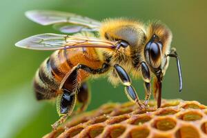 A macro shot of a honeybee collecting pollen, focusing on the textures of its wings and body photo