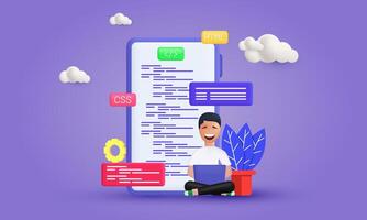 3d realistic mobile website programming coding web development influencer style design vector